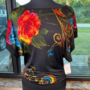 Mos Moa Black Vibrant Floral Design Blouse Size Medium New